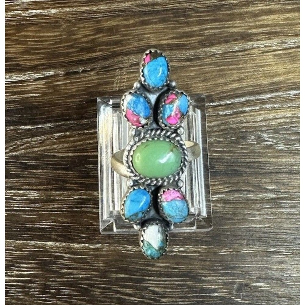Southwest Sterling Silver Cotton Candy Dahlia & Turquoise Crawler Ring 7.25 Adj